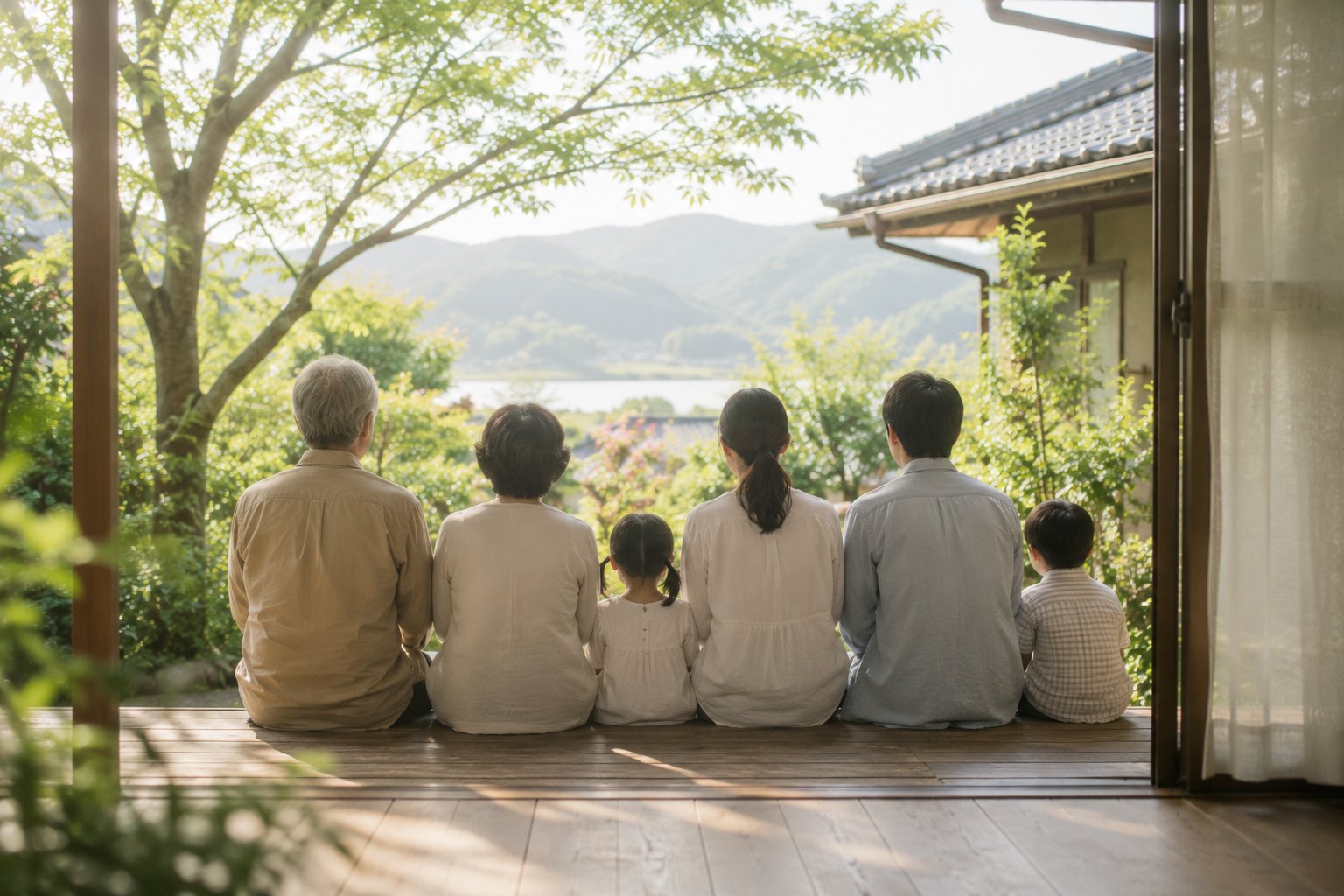 縁側で過ごす三世代の家族